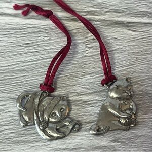 1993 Vintage Pewter Cats Playing Christmas Hanging Ornaments Set of 2